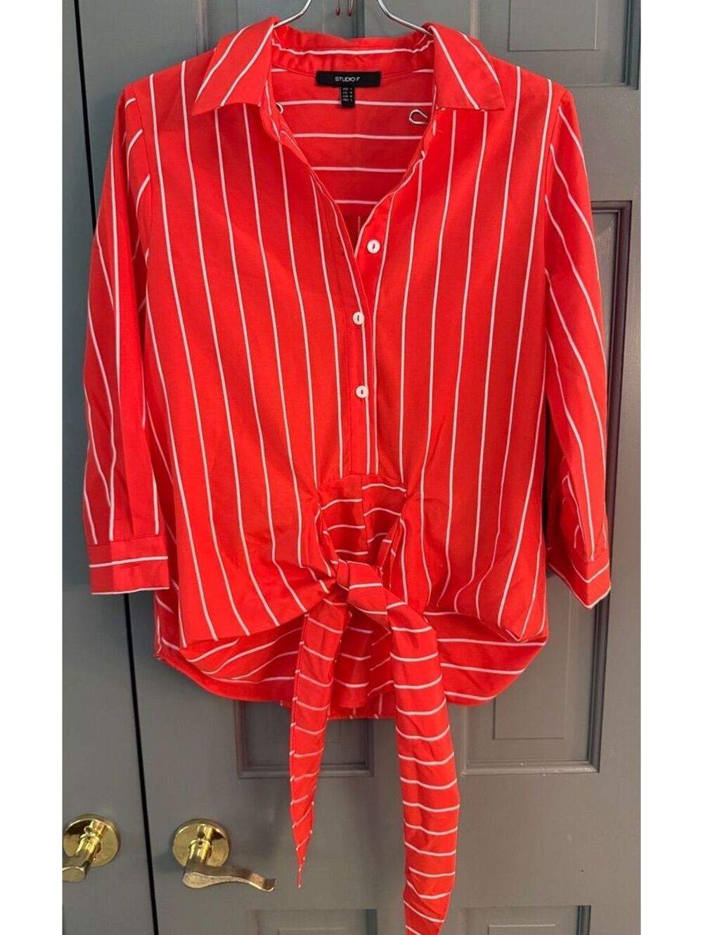 Studio F Women's Oversized Front Tie Red and White Striped Button Down Size S